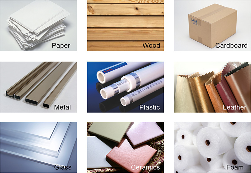 Various surfaces compatible with the handheld inkjet printer, including paper, wood, cardboard, metal, plastic, leather, glass, ceramics, and foam.