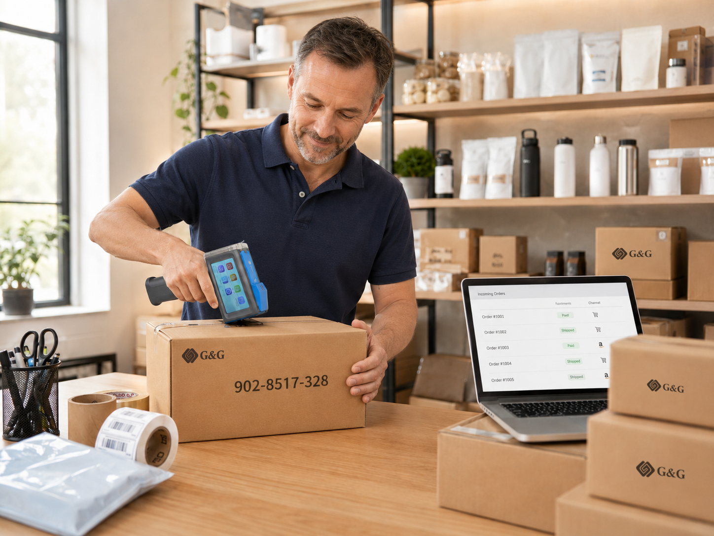 A man using a handheld inkjet printer to print a tracking number onto a cardboard shipping box in a small business office setting.