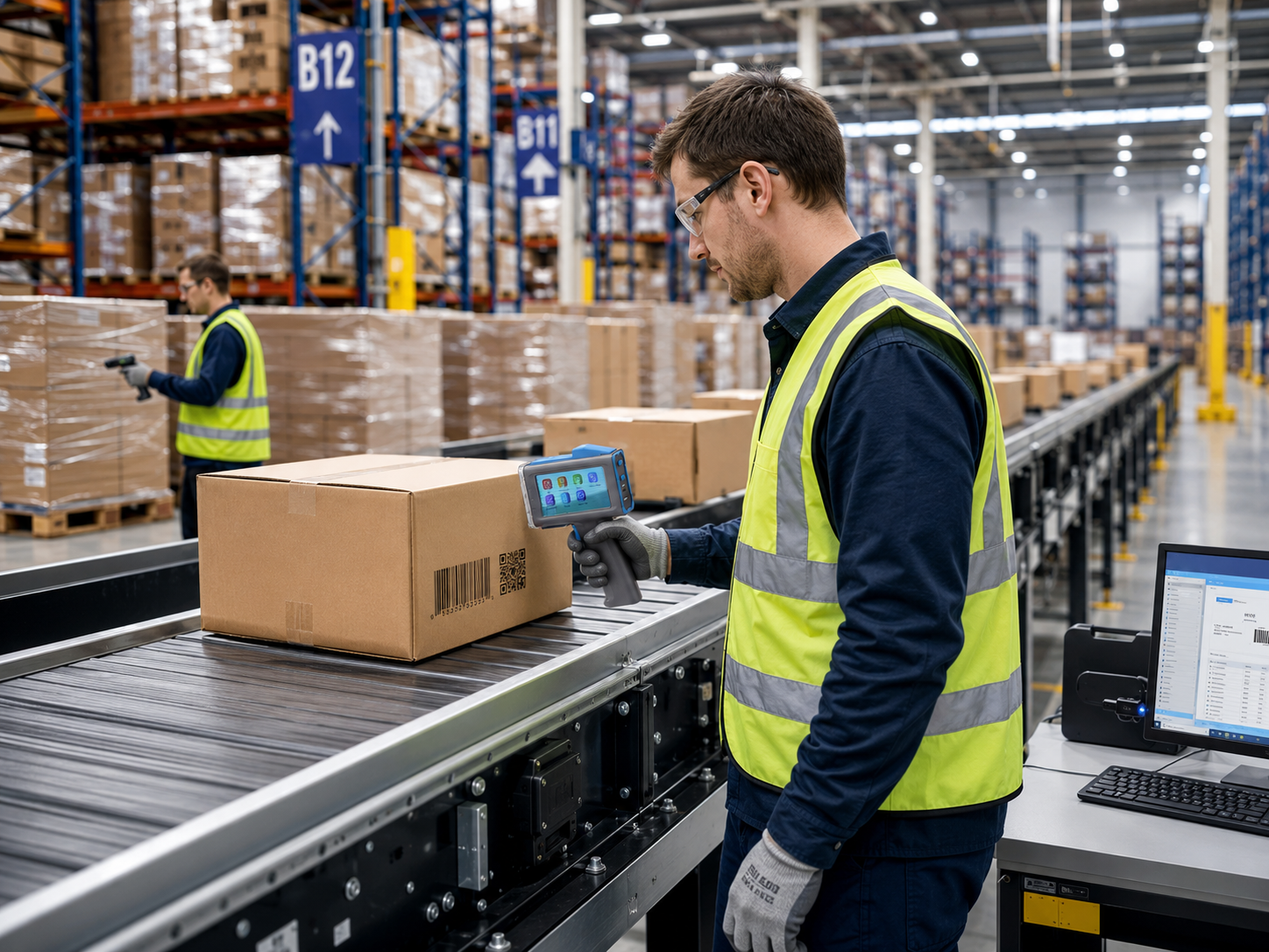 A warehouse worker in a high-visibility safety vest using a handheld inkjet printer to code barcodes and QR codes on boxes moving along a conveyor belt