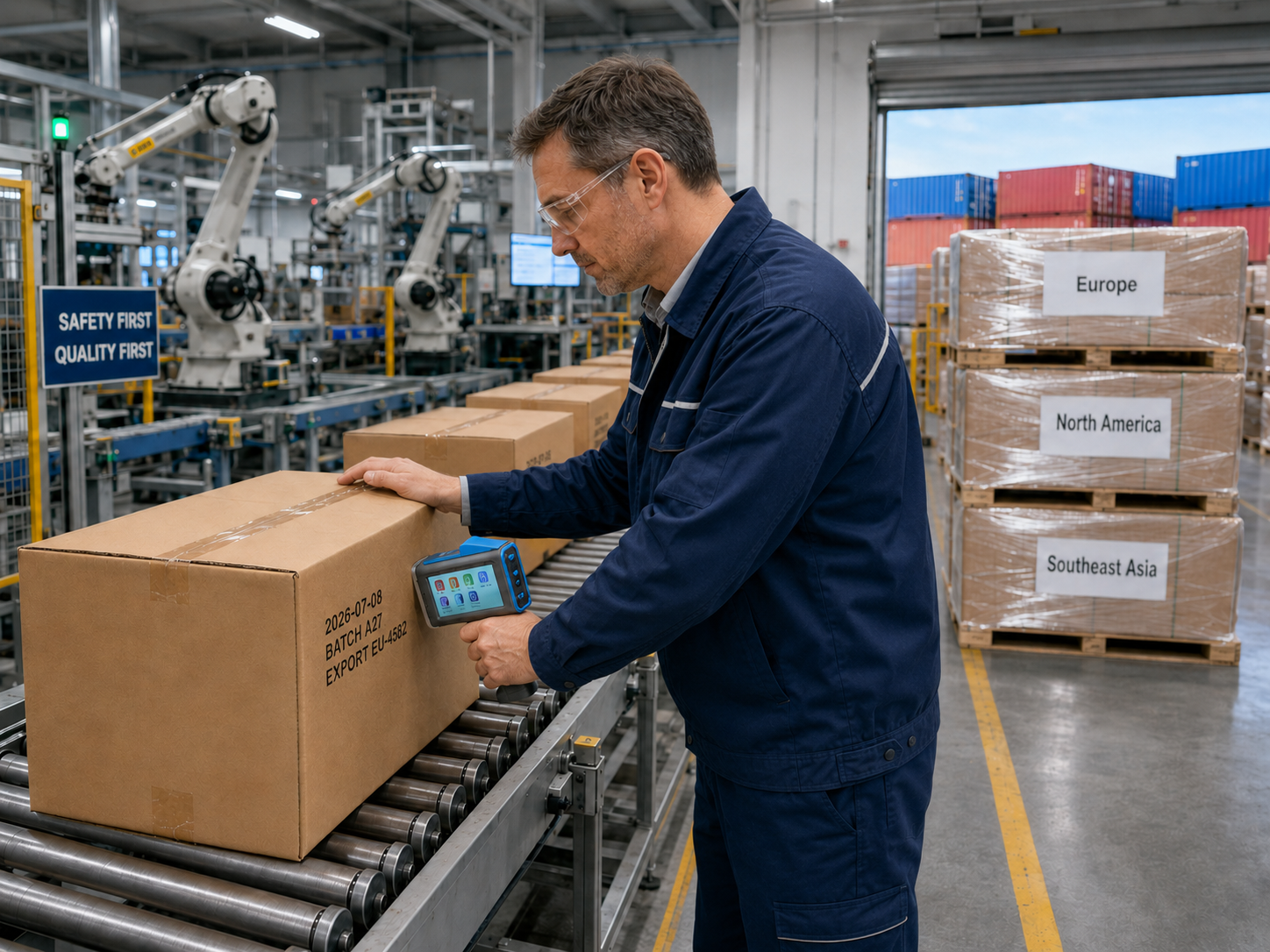 An industrial factory worker using a portable handheld inkjet printer to print a batch number and export details onto a carton on a assembly line.
