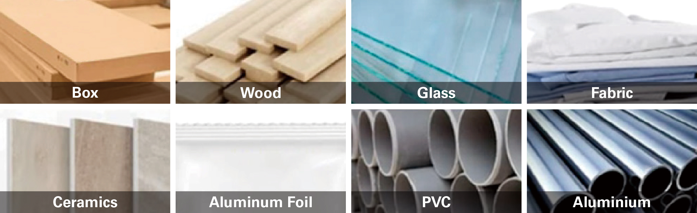 A collage showing various compatible surfaces for the handheld inkjet printer, including box, wood, glass, fabric, ceramics, aluminum foil, PVC, and aluminium