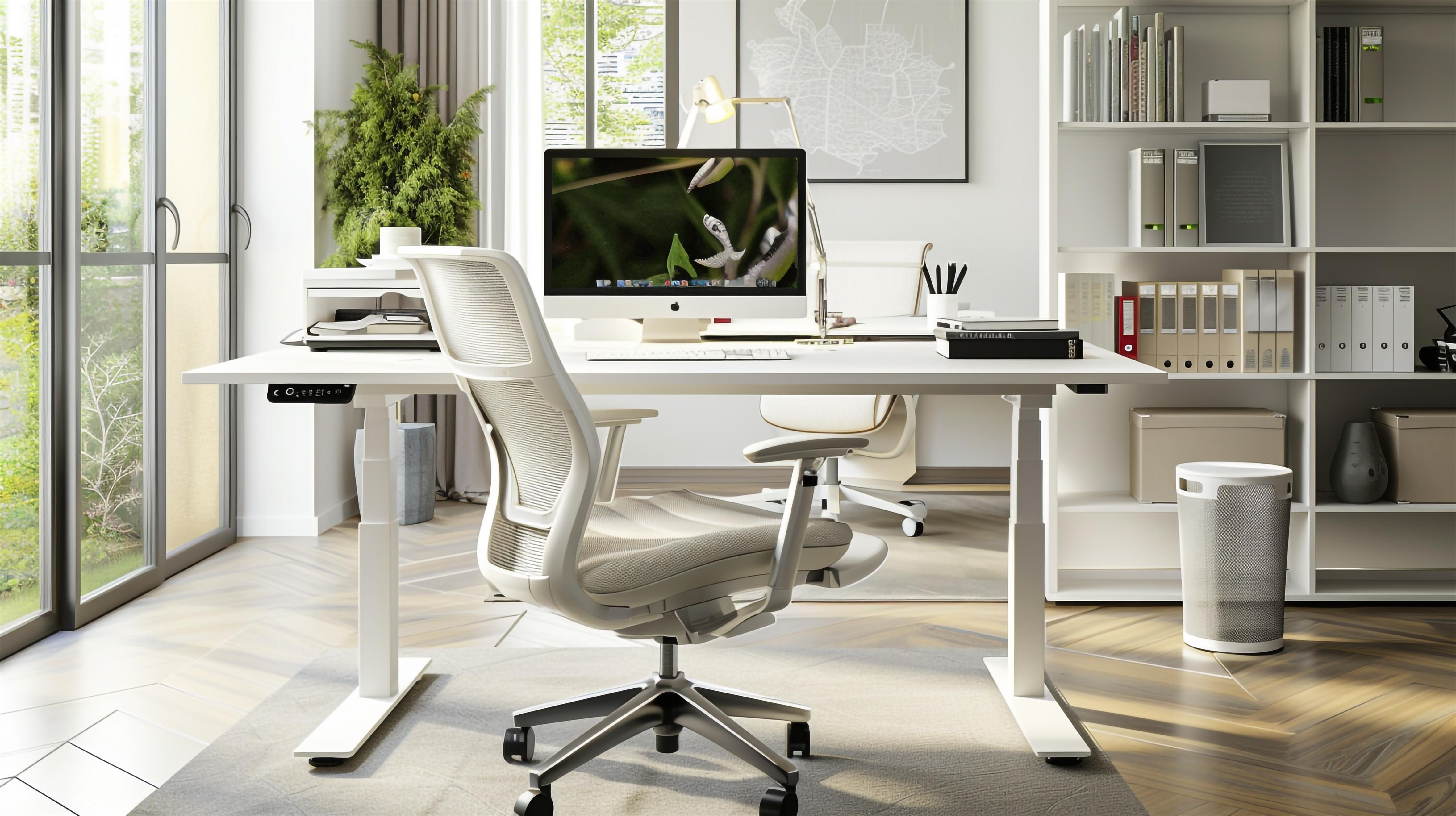 Height-adjustable electric standing desk and ergonomic chair